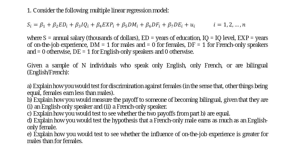 Solved 1. Consider The Following Multiple Linear Regression | Chegg.com