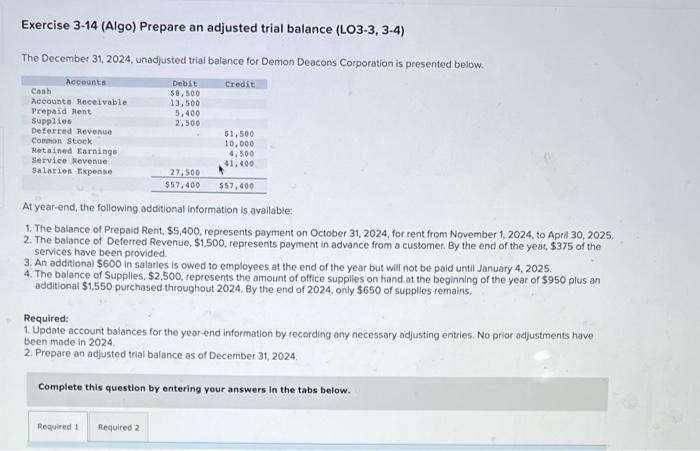 Solved Exercise 3−14 (Algo) Prepare An Adjusted Trial | Chegg.com