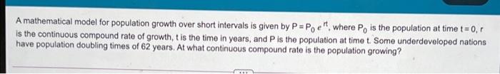 Solved A Mathematical Model For Population Growth Over Short | Chegg.com