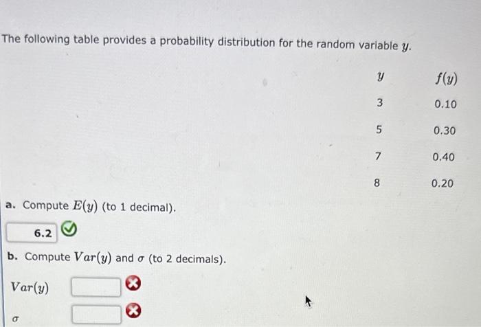 The following table provides a probability distribution for the random variable \( y \).
a. Compute \( E(y) \) (to 1 decimal)