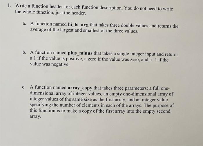 Solved Write a function header for each function | Chegg.com
