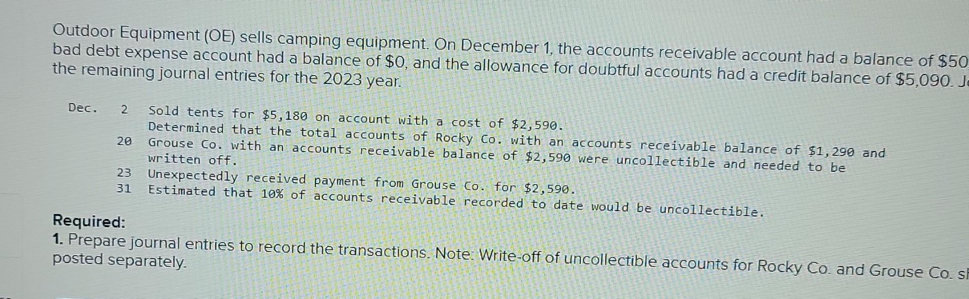 Outdoor Equipment (OE) sells camping equipment. On