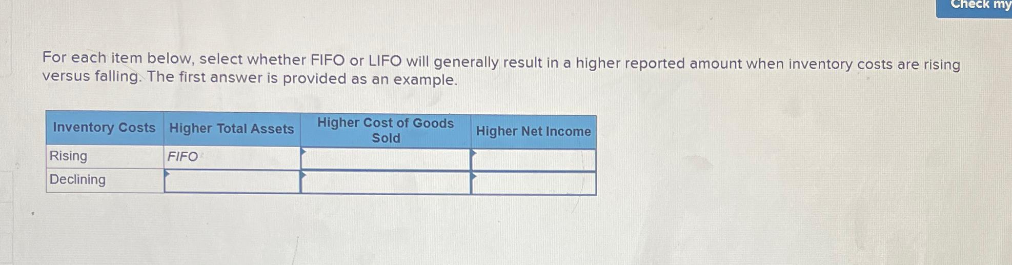 Solved For each item below, select whether FIFO or LIFO will