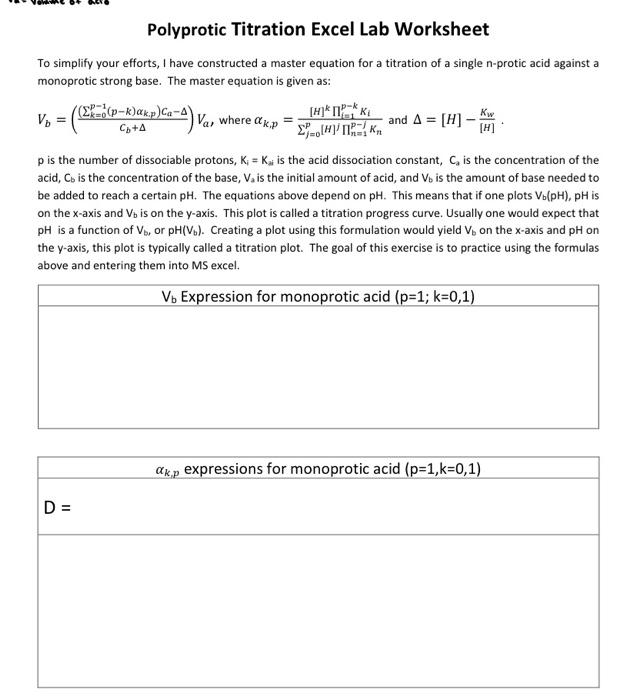 Polyprotic Titration Excel Lab Worksheet R To | Chegg.com