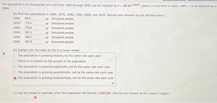 Solved The population P (in thousands) of a city from 1960 | Chegg.com