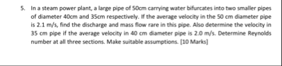 Solved In a steam power plant, a large pipe of 50 ﻿cm | Chegg.com