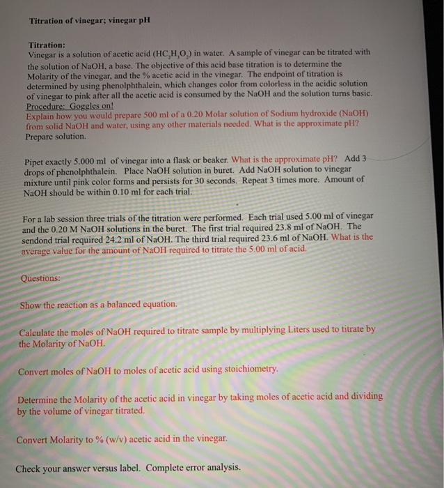 Solved Titration of vinegar; vinegar pH Titration Vinegar