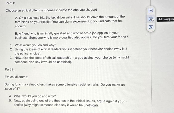 Solved Choose an ethical dilemma (Please indicate the one | Chegg.com