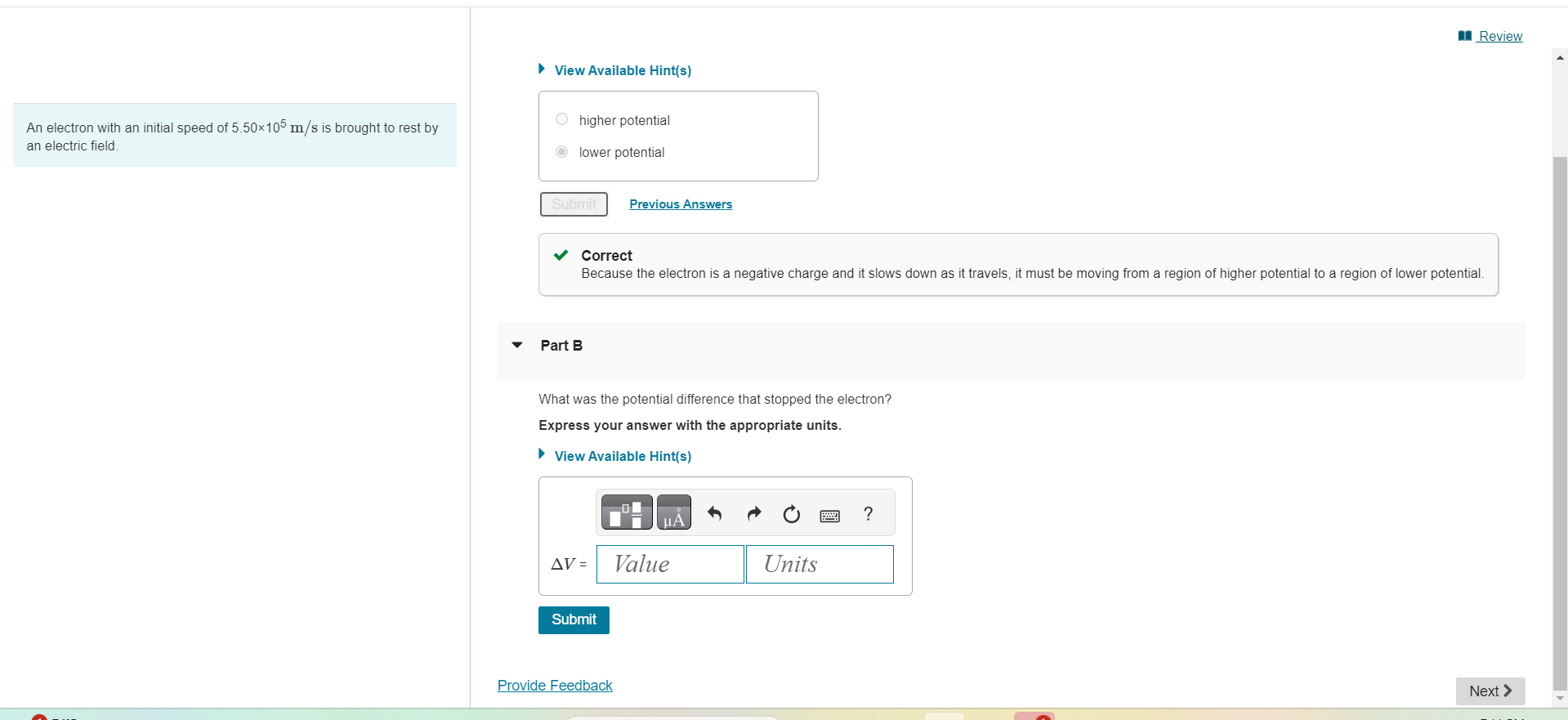 Solved View Available Hint(s)An electron with an initial | Chegg.com