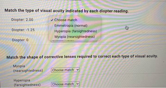 Solved Match the type of visual acuity indicated by each | Chegg.com