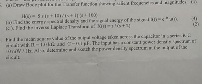 Solved 5. (a) Draw Bode plot for the Transfer function | Chegg.com