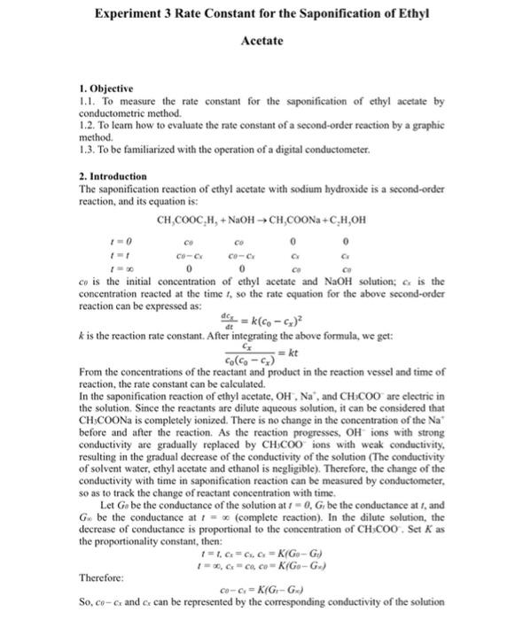Experiment 3 Rate Constant for the Saponification of