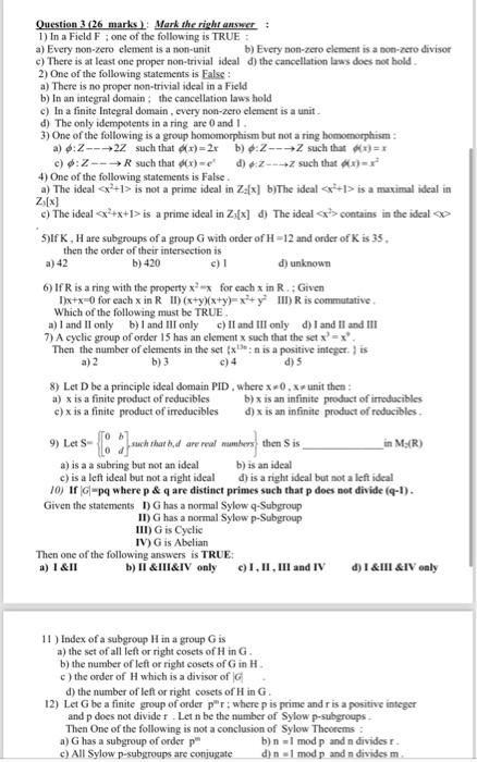 Solved Question 3 (26 marks) : Mark the right answer : 1) In | Chegg.com