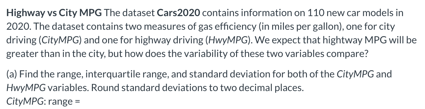 Solved Highway vs City MPG The dataset Cars2020 ﻿contains | Chegg.com