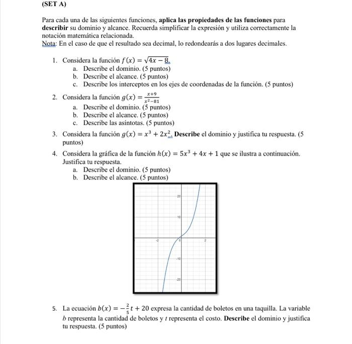 Para cada una de las siguientes funciones, aplica las propiedades de las funciones para describir su dominio y alcance. Recue