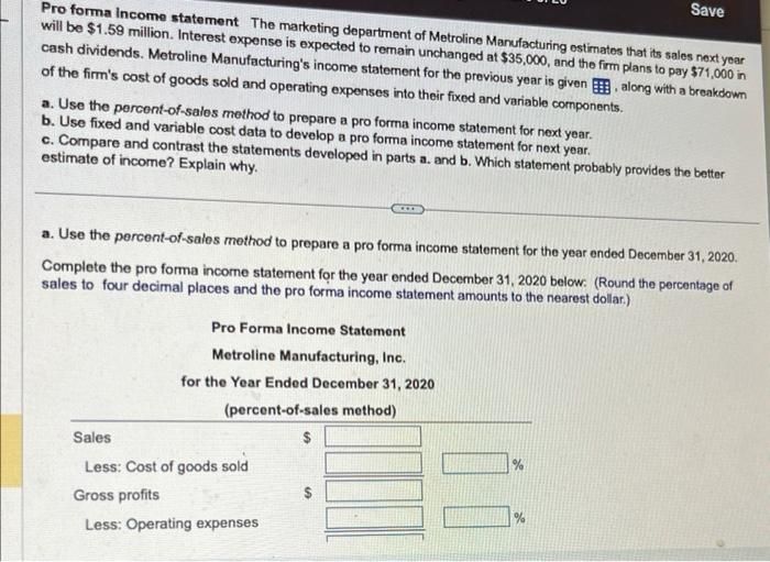 Solved Pro forma Income statement. The marketing department | Chegg.com