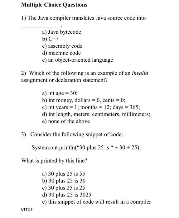 Solved Multiple Choice Questions 1) The Java Compiler | Chegg.com