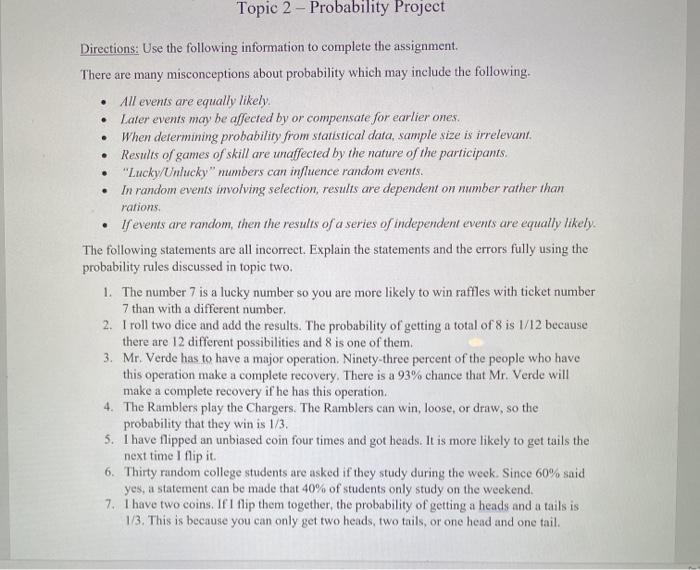 Solved Topic 2 - Probability Project . . . . Directions: Use | Chegg.com