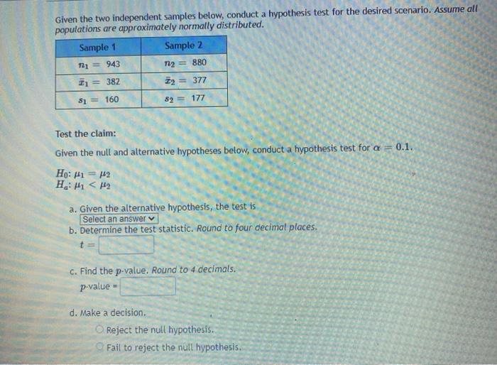 Solved Given the two independent samples below, conduct a | Chegg.com