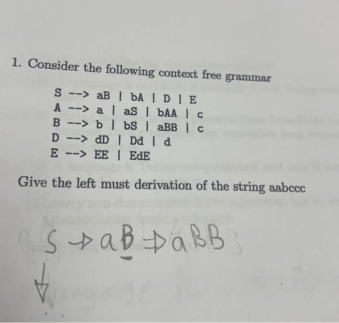 Solved 1. Consider the following context free grammar S --> | Chegg.com