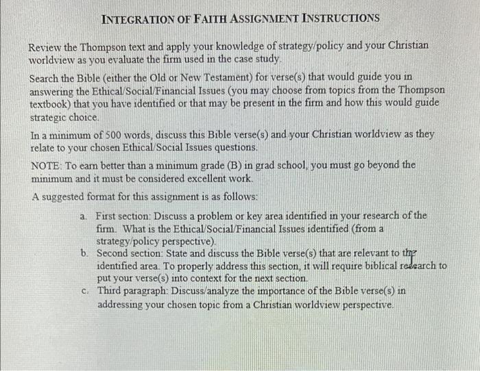 Solved INTEGRATION OF FAITH ASSIGNMIENT INSTRUCTIONS Review | Chegg.com