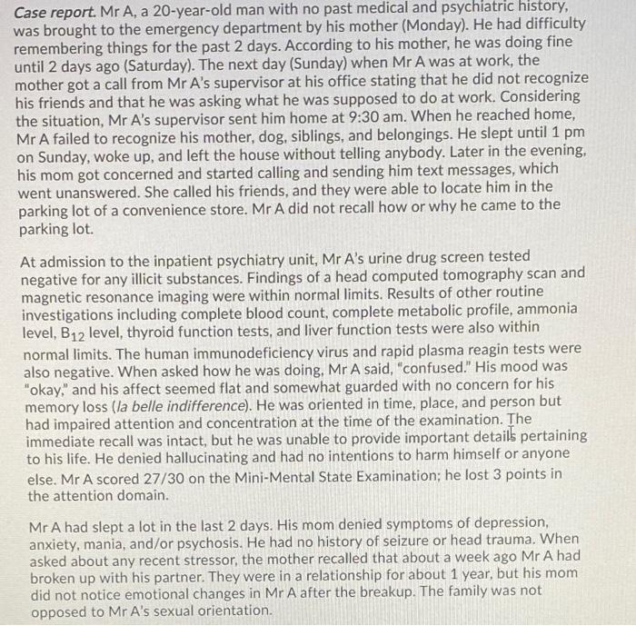Solved Case report. Mr A, a 20-year-old man with no past | Chegg.com