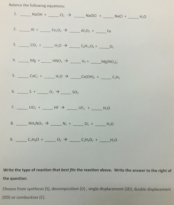 Solved Balance the following equations: NaOH + Cl2 → Naocl + | Chegg.com