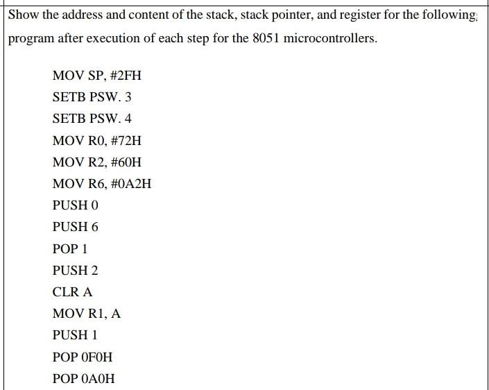 Solved Show the address and content of the stack, stack | Chegg.com