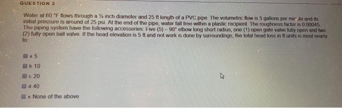 Solved QUESTION 3 Water at 60 °F flows through a % inch | Chegg.com