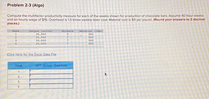 Solved Problem 2-3 (Algo) Compute the multifactor | Chegg.com