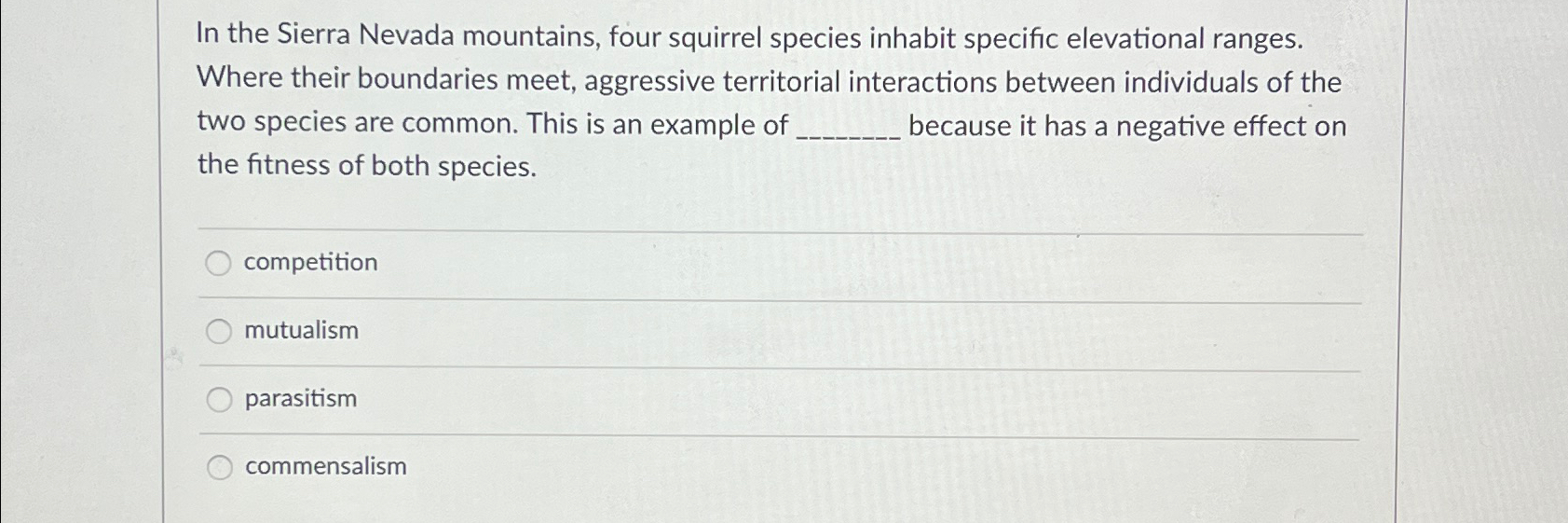 Solved In the Sierra Nevada mountains, four squirrel species | Chegg.com