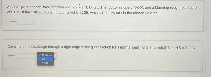 Solved A rectangular channel has a bottom width of 4˙.2ft, | Chegg.com