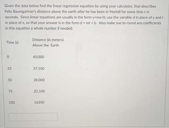 Solved Given the data below find the linear regression | Chegg.com