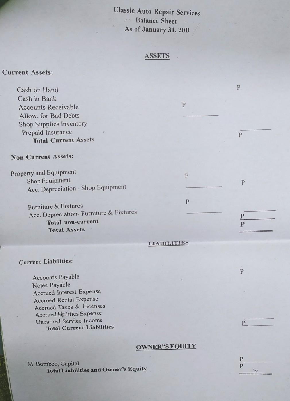 CLASSIC AUTO REPAIR SERVICES Worksheet For the month