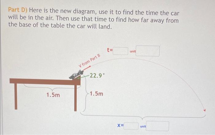 Part D) Here is the new diagram, use it to find the time the car will be in the air. Then use that time to find how far away