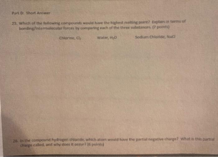 Solved Part D: Short Answer 25. Which of the following | Chegg.com