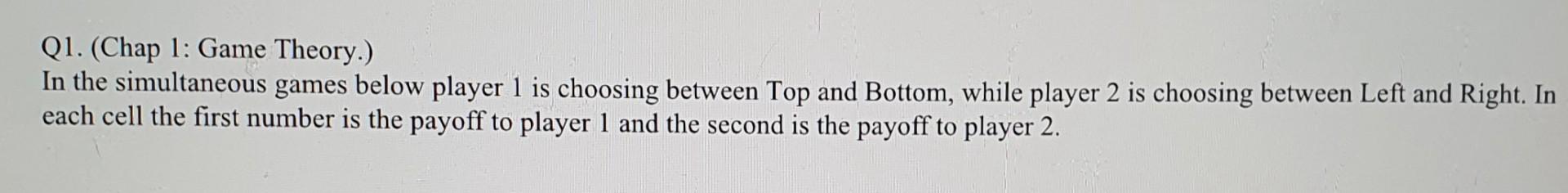 Solved Q1. (Chap 1: Game Theory.) In the simultaneous games | Chegg.com