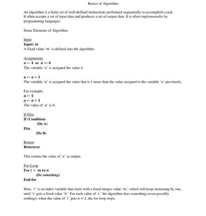 Solved Basics of Algorithm An algorithm is a finite set of | Chegg.com