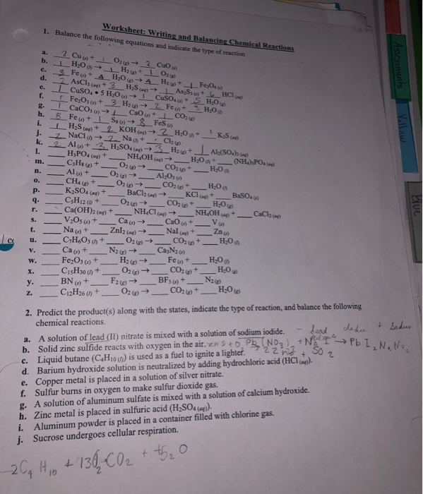 Solved Worksheet: Writing and Balancing Chemical Reactions | Chegg.com