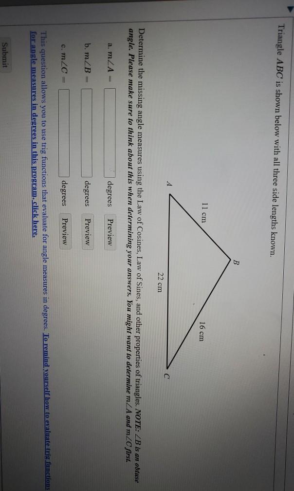 Solved Triangle Abc Is Shown Below With All Three Side 7986