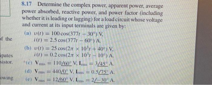 Solved 8.17 Determine the complex power, apparent power, | Chegg.com