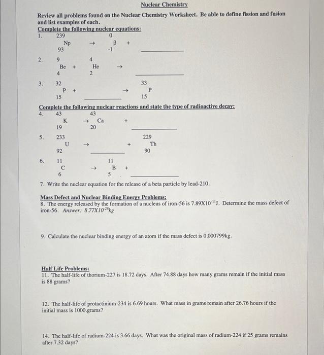 Solved Name: Nuclear Chemistry Worksheet #1 Complete the Chegg com