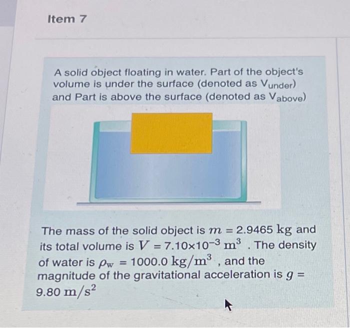 Solved Item 7 A solid object floating in water. Part of the | Chegg.com