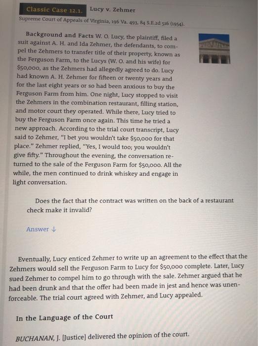 Solved Read The Case Of Lucy V. Zehmer In The Text.a. Give A | Chegg.com