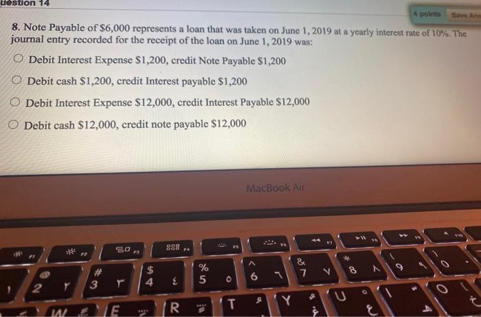 Solved uestion 14 point 8. Note Payable of $6,000 represents | Chegg.com