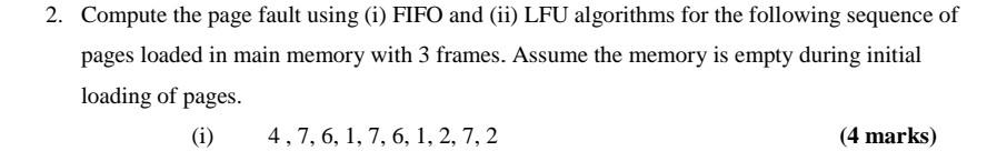 Solved 2. Compute the page fault using (i) FIFO and (ii) LFU | Chegg.com