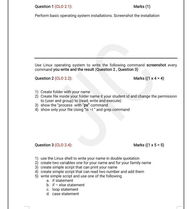 Solved Question 1 (CLO 2.1): Marks (1) Perform Basic | Chegg.com