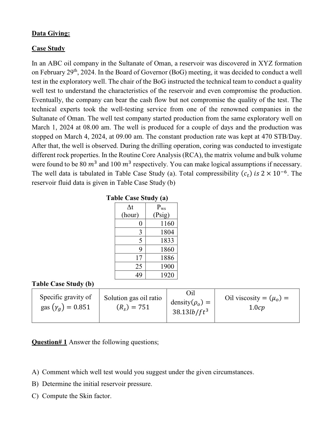 Solved Data Giving:Case StudyIn an ABC oil company in the | Chegg.com