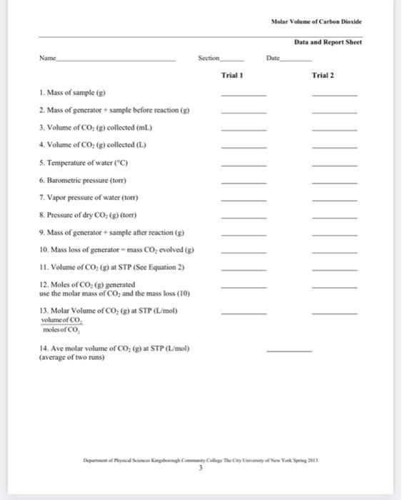 Molar Volume Of Carbon Dioxide Data And Report Sheet Chegg Com