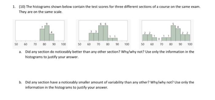 1. (10) The histograms shown below contain the test scores for three different sections of a course on the same exam. They ar